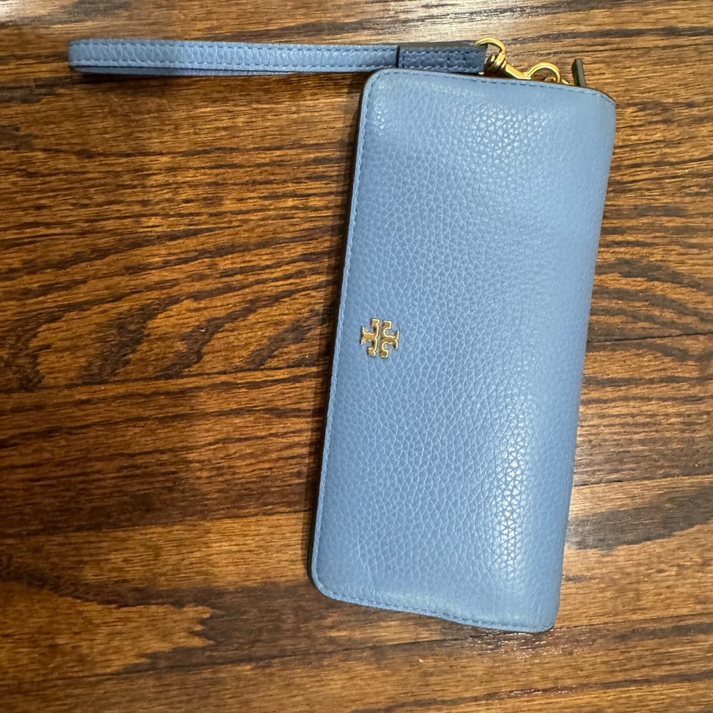 Tory Burch Light Blue Wristlet with Gold Accent